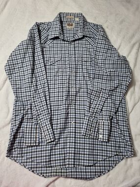 Ely Cattleman 16.5 33 Ranchwear Blue & White Plaid Western Shirt